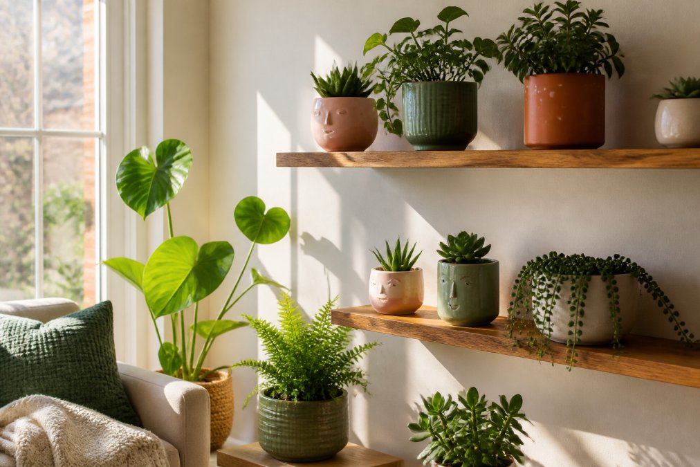 A bright living room corner with potted plants displayed on floating shelves, featuring quirky ceramic planters in soft pink, sage green, and terracotta tones, natural sunlight streaming through a large window and casting gentle shadows on the walls