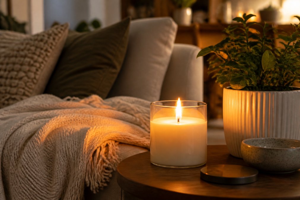 A cosy living room scene with a lit scented candle on a side table next to a soft cream throw blanket, warm golden candlelight creating gentle shadows on nearby cushions, and a small plant visible in the background bathed in the candle's glow