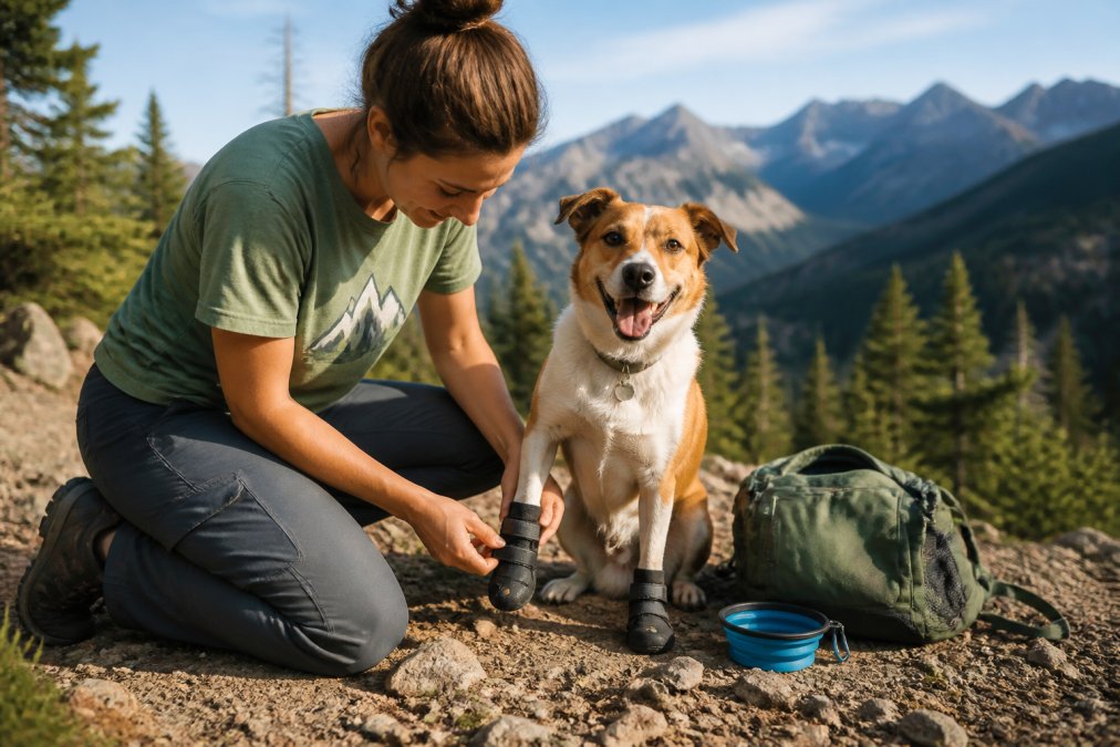 A woman puts protective hiking boots on her dog while packing gifts for active dog owners on a mountain trail.