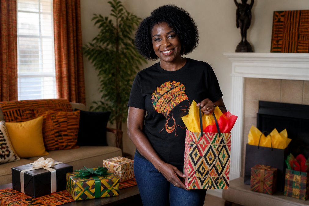 A smiling woman wearing a vibrant Black History Month graphic t-shirt, holding a colorful gift bag with tissue paper, standing in a warmly lit living room surrounded by wrapped presents and Kente-patterned decor