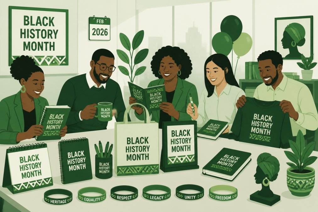 A diverse group of coworkers gathered around a decorated conference table displaying Black History Month stationery, silicone bracelets, and cultural decor items, smiling and examining the items in a bright modern office