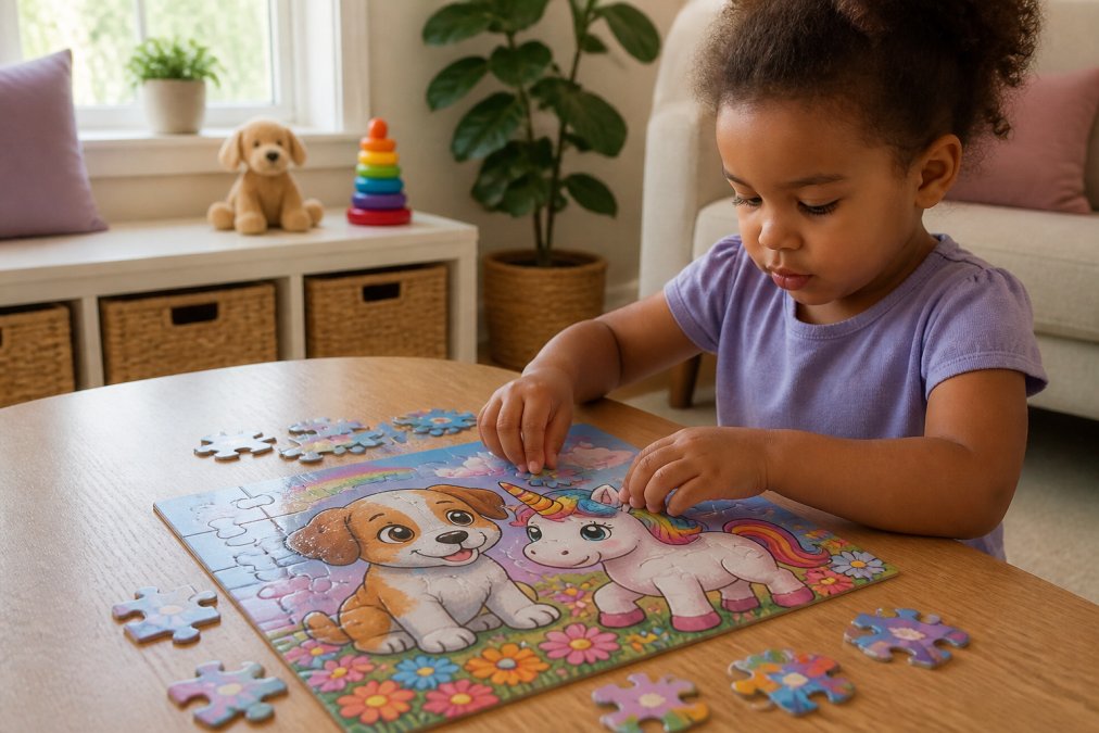 Flowchart illustrating the developmental stages of puzzle solving for curious young children