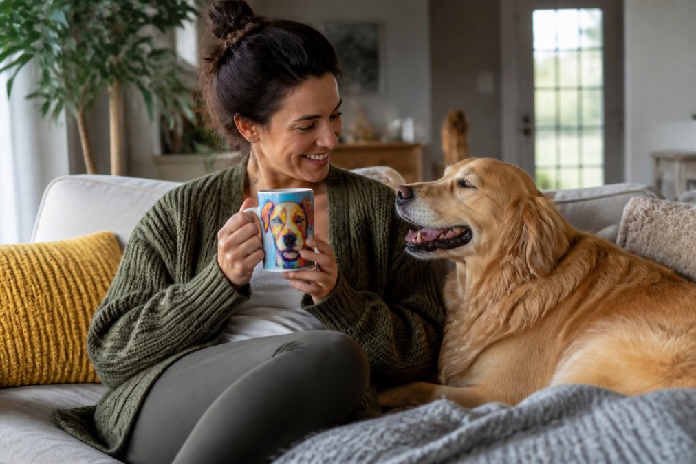 A happy woman in a cozy, sunlit living room holding a colorful, artistic mug with a dog illustration, her golden retriever sitting beside her on the sofa