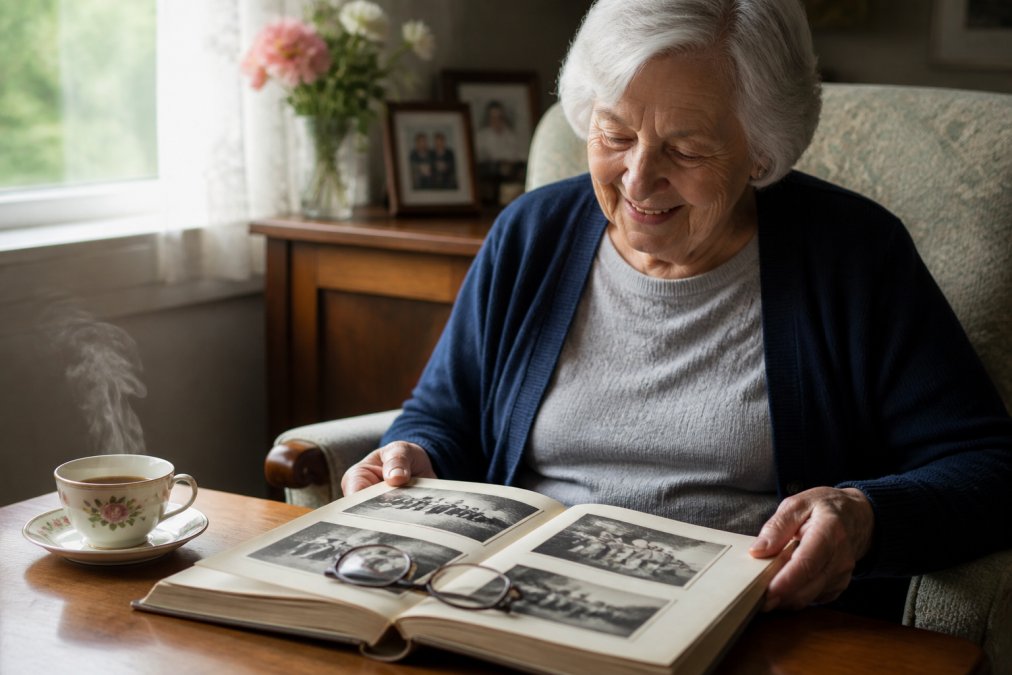 An elderly person smiling warmly while reading a vintage photo book in natural window light, with reading glasses resting on the pages and a steaming cup of tea on the side table