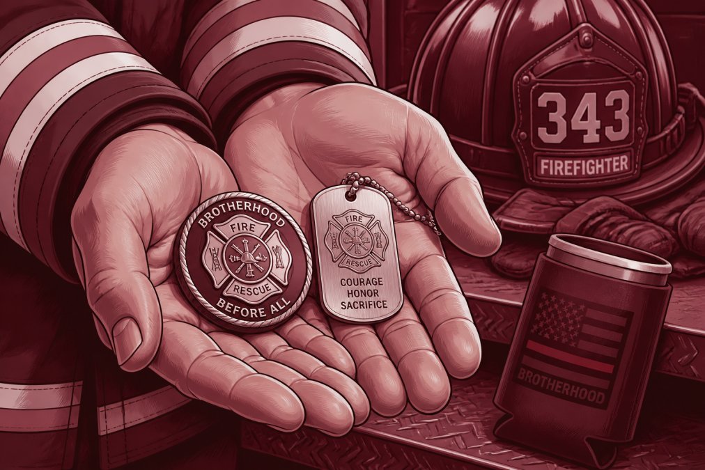 Close-up of a firefighter's hands holding a challenge coin and dog tag, with station gear and equipment visible in the background, showing the meaningful keepsakes resting in an open palm with natural light catching the metal