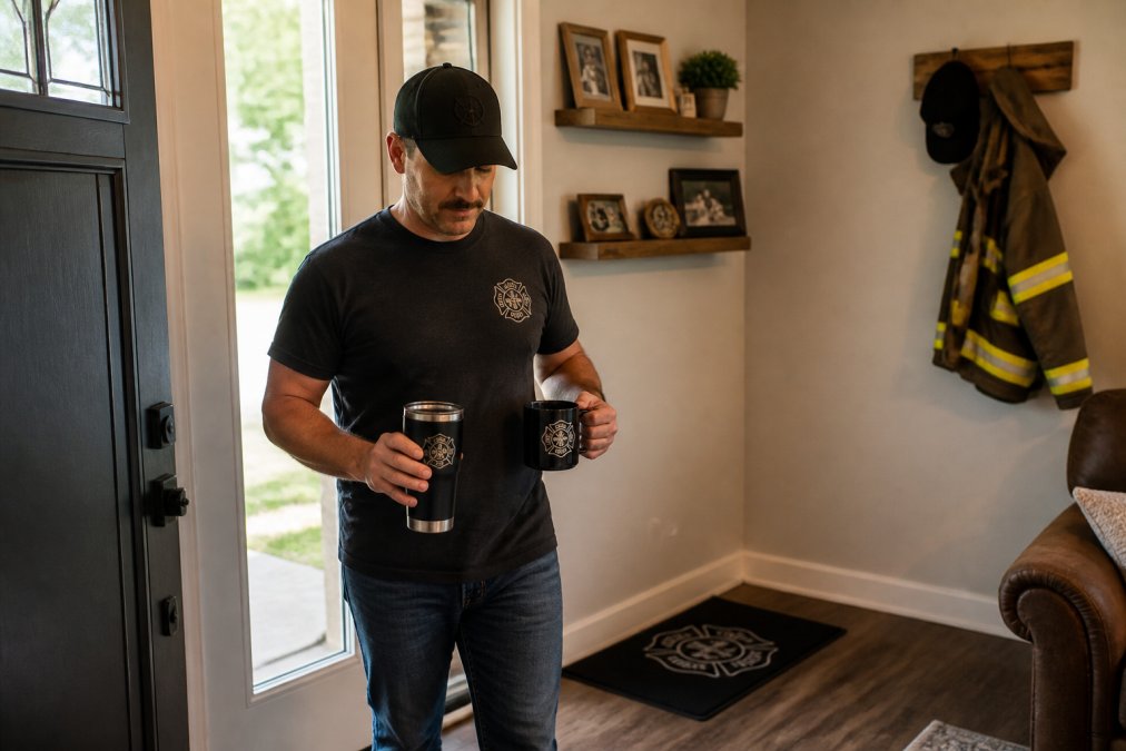 A firefighter in off-duty clothing at home, holding an insulated tumbler and coffee mug, with the Off-Duty doormat visible at the entryway in natural light, representing the transition from shift to home life