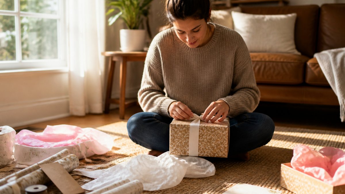 A person sitting cross-legged on a living room floor wrapping a gift, tissue paper and a handwritten card spread across the rug, warm afternoon light through the window