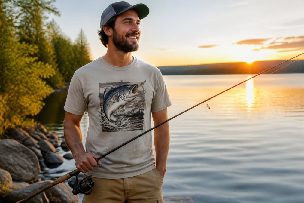 A smiling man wearing a graphic fishing t-shirt standing outdoors near a lake at sunrise, holding a fishing rod, casual and relaxed atmosphere