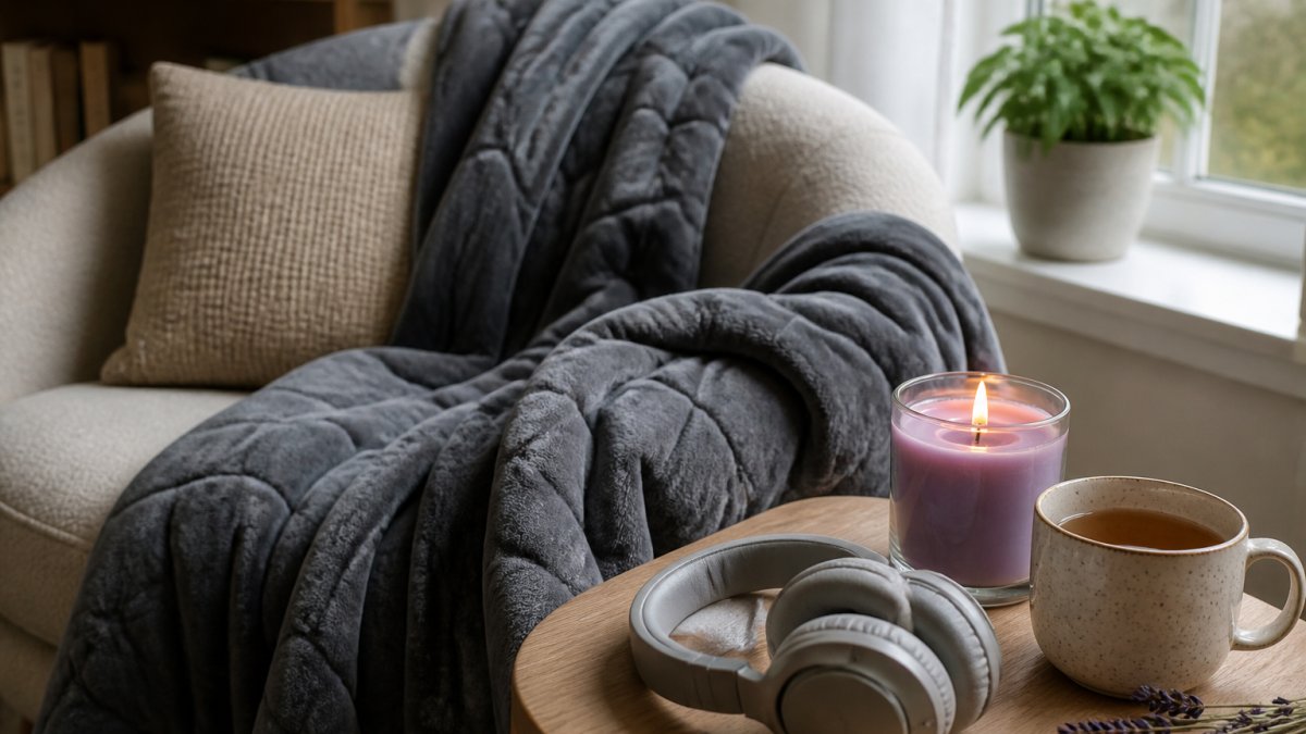 Cozy home setup featuring a soft weighted blanket draped over a comfortable chair, a lit lavender candle on a wooden side table, noise-canceling headphones resting nearby, and a warm ceramic mug of tea surrounded by soft textures and natural window lighting