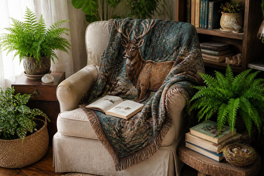 Cozy nature-inspired reading nook with a wildlife throw, potted ferns, field guides, and warm afternoon light