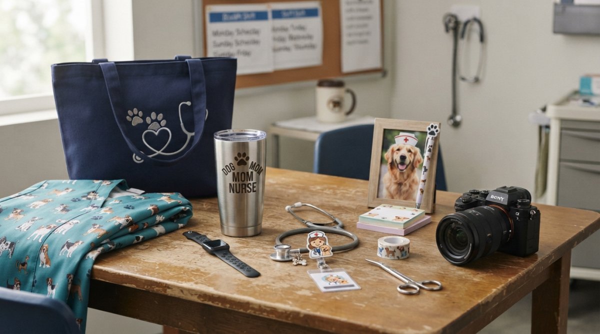 Nurse wearing dog-themed compression socks with paw prints and a paw print stethoscope ID tag in a modern hospital hallway, holding a personalized badge reel with a dog photo