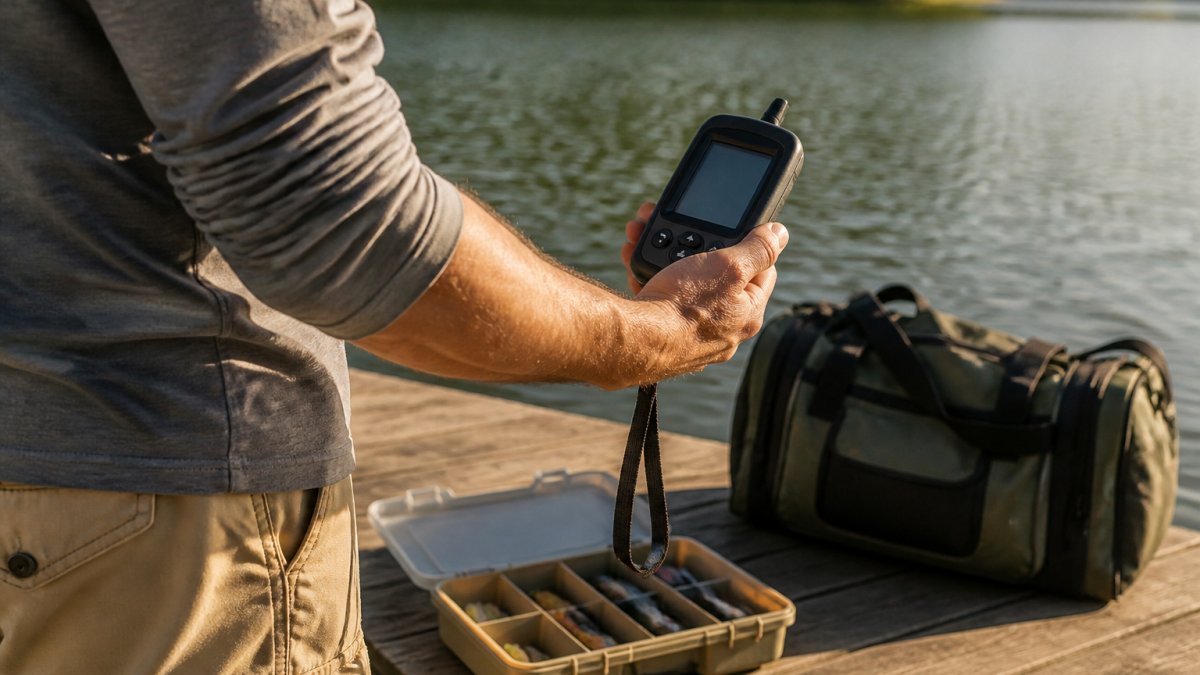 Person holding a portable fish finder on a sunny wooden dock beside a calm lake with gear nearby