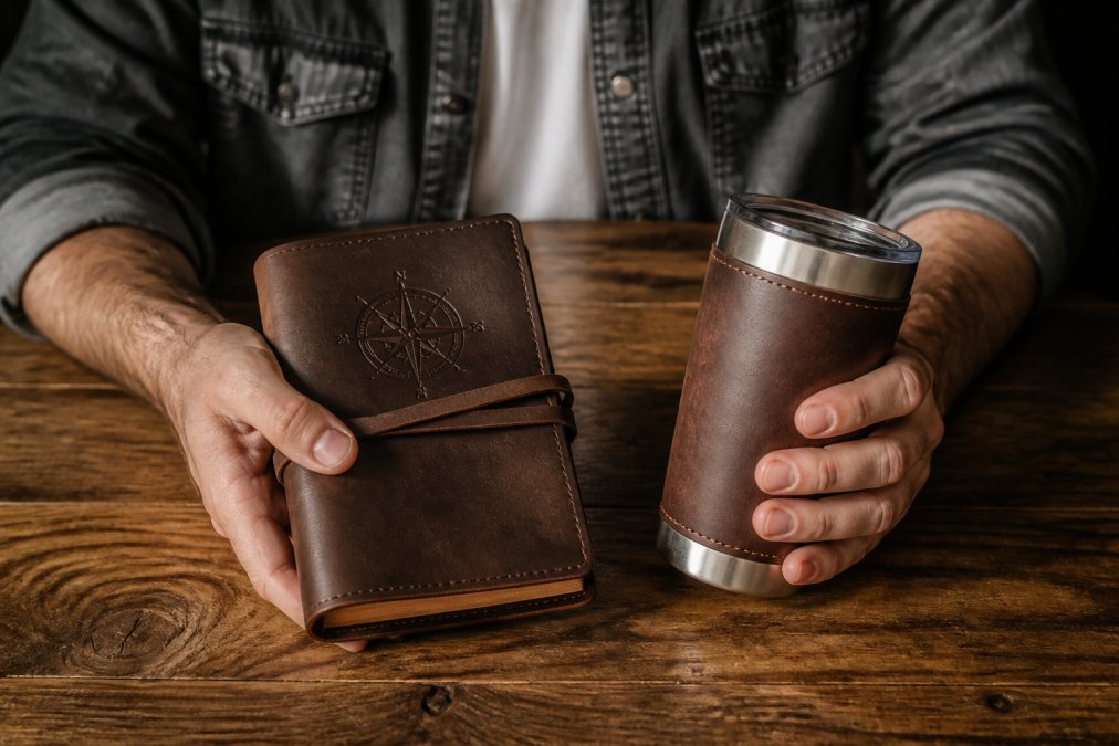 Close-up of a man's hands holding a custom engraved leather journal and a personalized tumbler on a wooden table, warm natural lighting