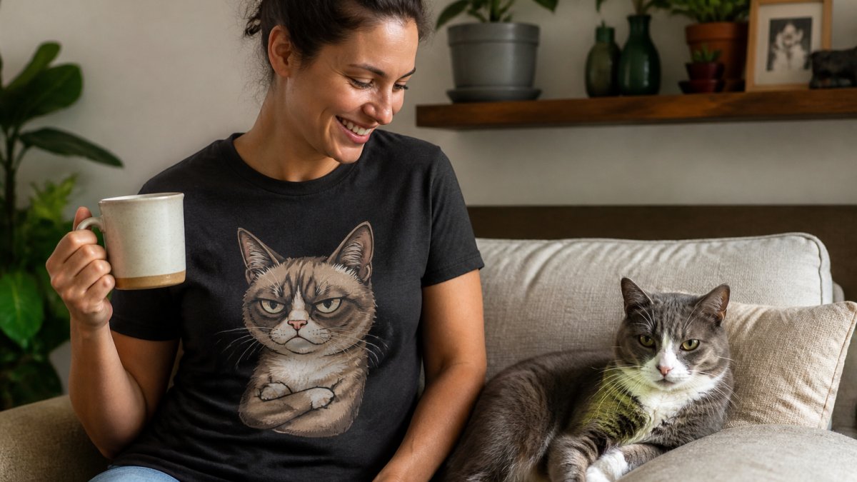 A person wearing a sarcastic cat-themed t-shirt, smiling while holding a coffee mug in a cozy living room with a cat lounging nearby on furniture