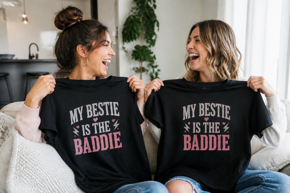 Two sassy friends laughing while holding up matching graphic tees in a bright, sunlit room.