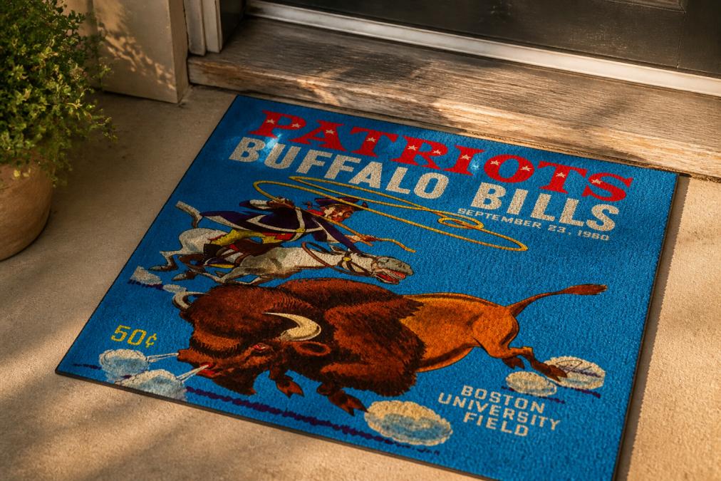 Close-up of a vintage stadium doormat placed at an entryway showing intricate retro World Series ticket design with natural coir fiber texture, warm morning light highlighting the aged patina of the print