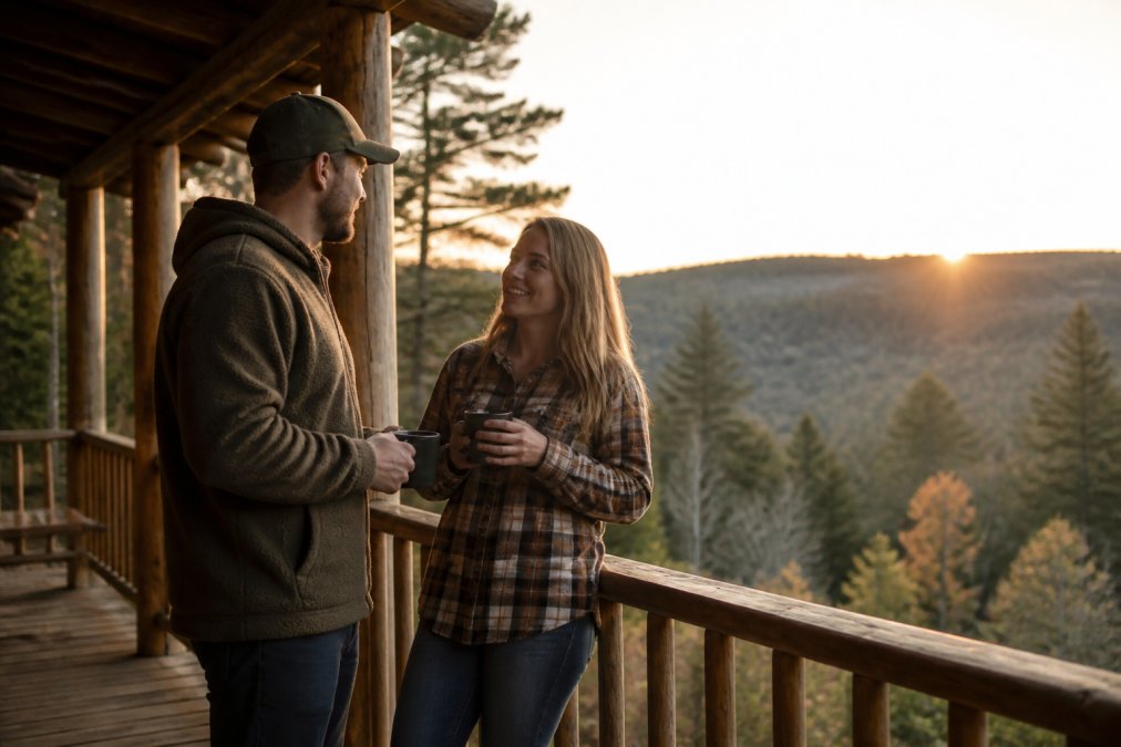 A man in a fleece hoodie and a woman in a plaid flannel standing on a wooden porch at sunrise, with a forest and hills in the background, holding mugs of coffee