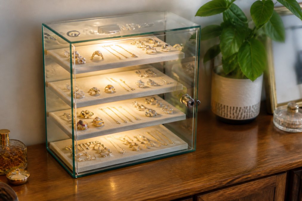 Compact glass cabinets displaying delicate jewellery on velvet shelves with warm interior lighting