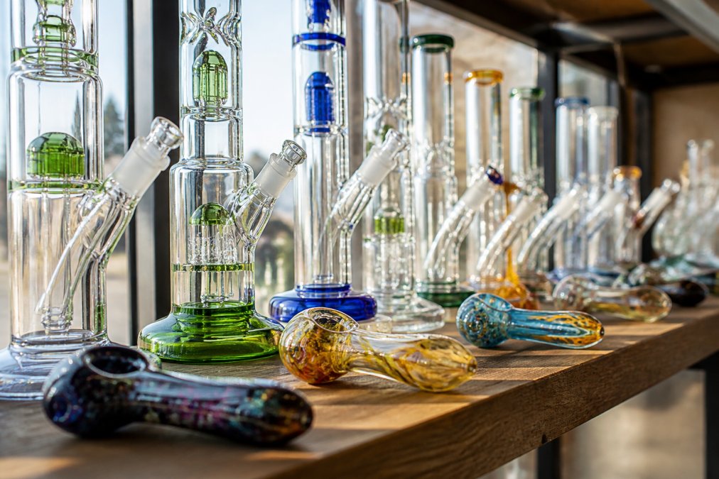 Close-up of premium borosilicate glass bongs and hand pipes displayed on a wooden shelf, showing intricate hand-blown designs, vibrant colors, and crystal-clear glass under natural window lighting