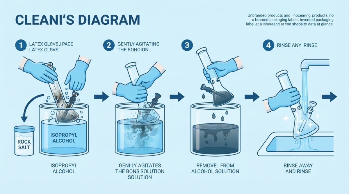 Hands wearing latex gloves cleaning a glass bong with isopropyl alcohol and rock salt in a glass container, showing resin dissolving and the cleaning process in progress under bright lighting