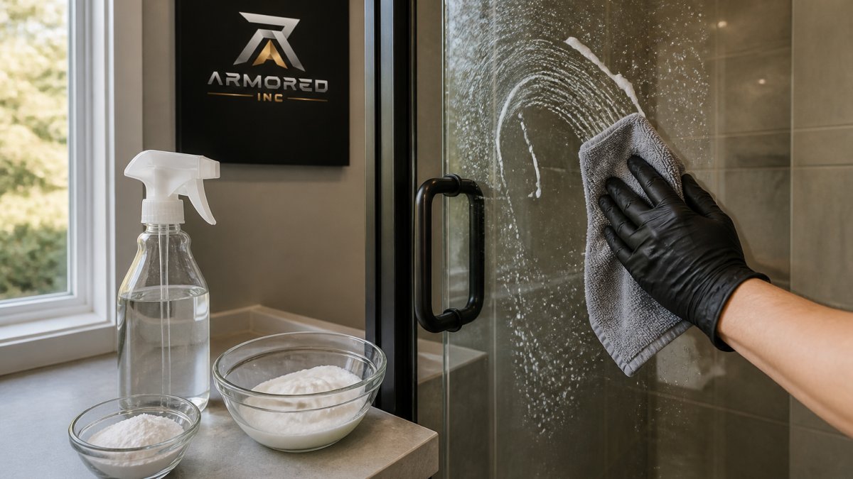 Cleaning a shower glass door with vinegar and baking soda paste to maintain glass shower door coatings.