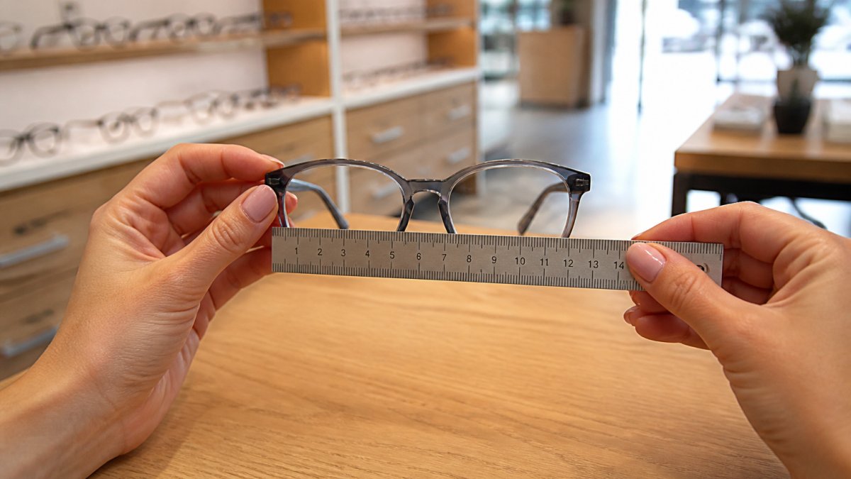 Close-up of a person's hands holding a pair of petite eyeglasses beside a small ruler, measuring the frame width on a clean wooden table in a bright optical boutique