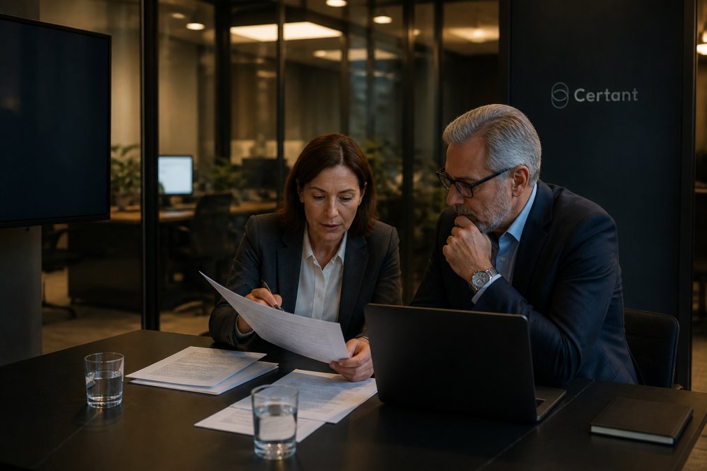 A compliance officer and an IT director reviewing a comparison of enterprise search platforms on a large monitor in a glass-walled meeting room, printed contract pages and a laptop on the table