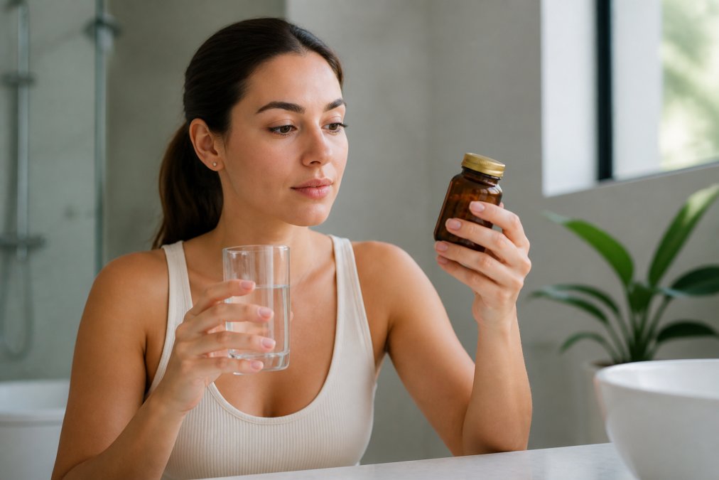 Woman in a bright bathroom reading the label on a bottle of glutathione supplements near a glass of water