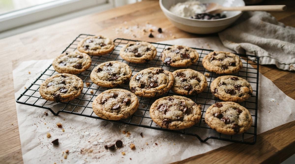 Freshly baked gluten-free chocolate chip cookies cooling on a wire rack for the best gluten free cookie recipes.