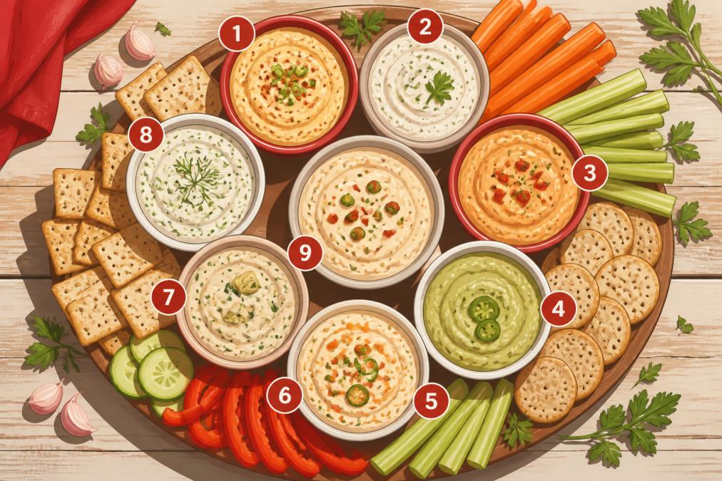 Overhead shot of a colorful party platter with multiple dip bowls in varying shades, surrounded by gluten-free crackers, fresh vegetable crudités including carrots and celery, and scattered fresh herbs on a rustic wooden table with natural afternoon light