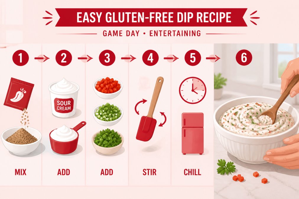 Hands stirring a creamy dip mixture in a white ceramic bowl with sour cream and fresh ingredients like chopped herbs and diced vegetables, showing the simple mixing process on a bright kitchen counter with natural window light