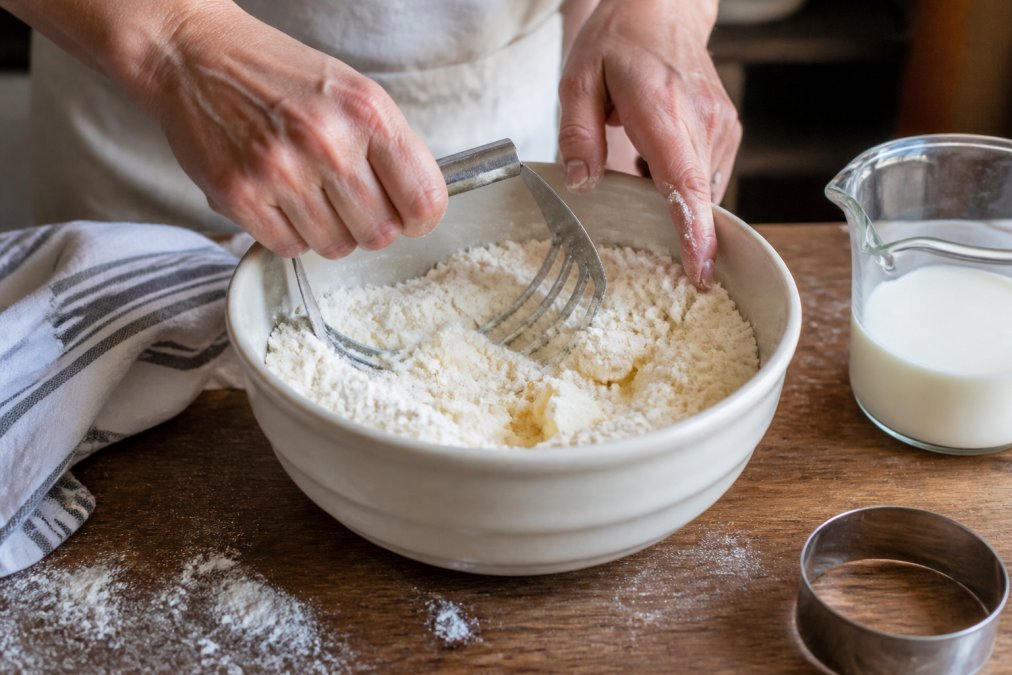 Close-up of hands cutting cold butter into a bowl of gluten-free flour with a pastry blender on a rustic wooden kitchen counter, with buttermilk and a biscuit cutter nearby