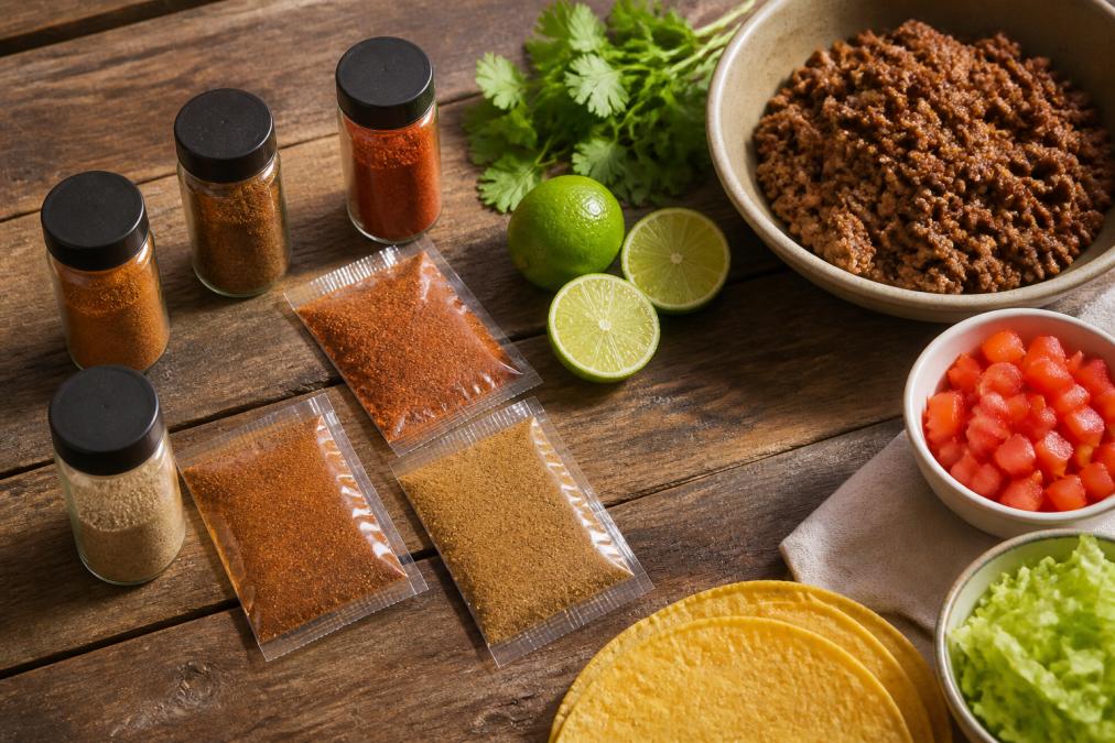 Flat-lay of several small spice jars and seasoning packets arranged on a rustic wooden surface next to a bowl of seasoned ground beef and fresh taco toppings including halved limes, fresh cilantro, and diced tomatoes, photographed in warm natural side lighting