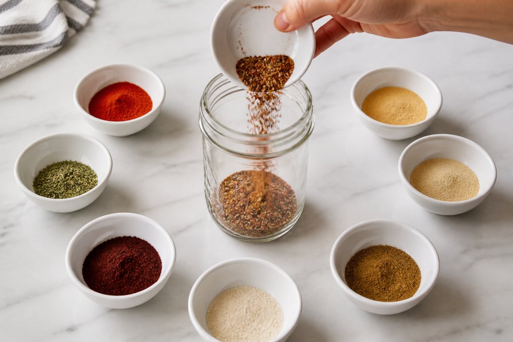 Overhead shot of small white ceramic bowls each holding individual spices including chili powder, cumin, paprika, garlic powder, onion powder, dried oregano, and cayenne pepper, arranged in a circle around a glass mason jar being filled with the combined spice blend on a clean white kitchen counter in bright natural daylight