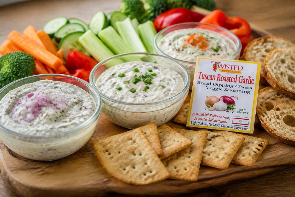 Close-up of colorful dip mixes in glass bowls with fresh vegetables, crackers, and bread arranged on a wooden serving board with natural afternoon light