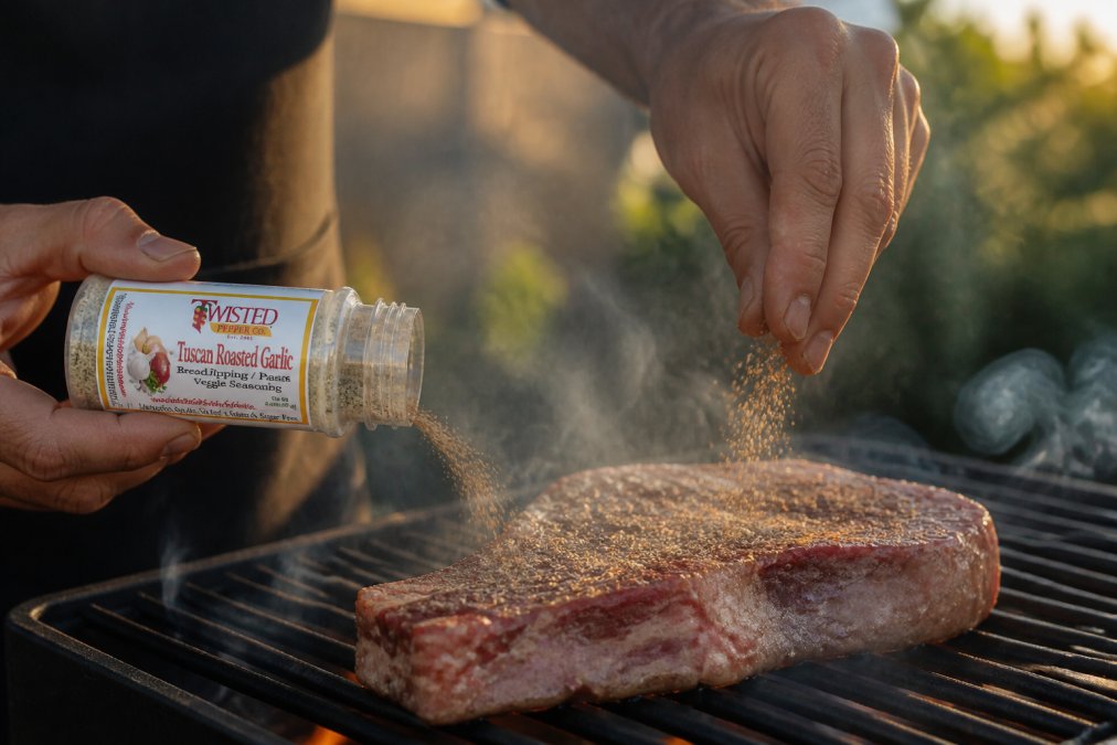 Hands sprinkling seasoning rub onto marbled meat on a hot grill with smoke rising, showing the application in action with evening light