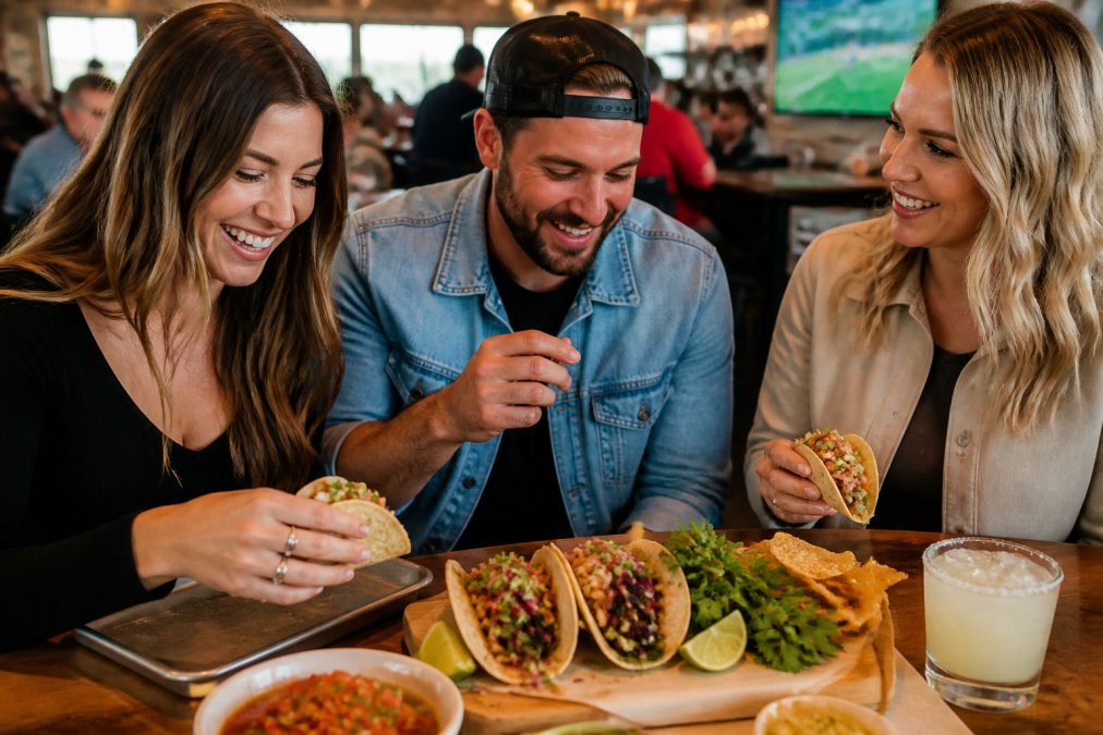 Close-up of three corn tortilla tacos on a wooden board with lime wedges, cilantro, and house-made salsa in a vibrant Omaha cantina setting