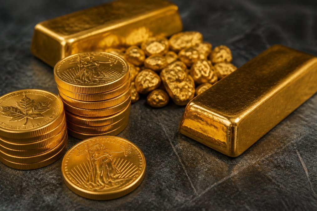 Close-up of gold coins and bars displayed on a dark surface with soft lighting, emphasizing texture and shine