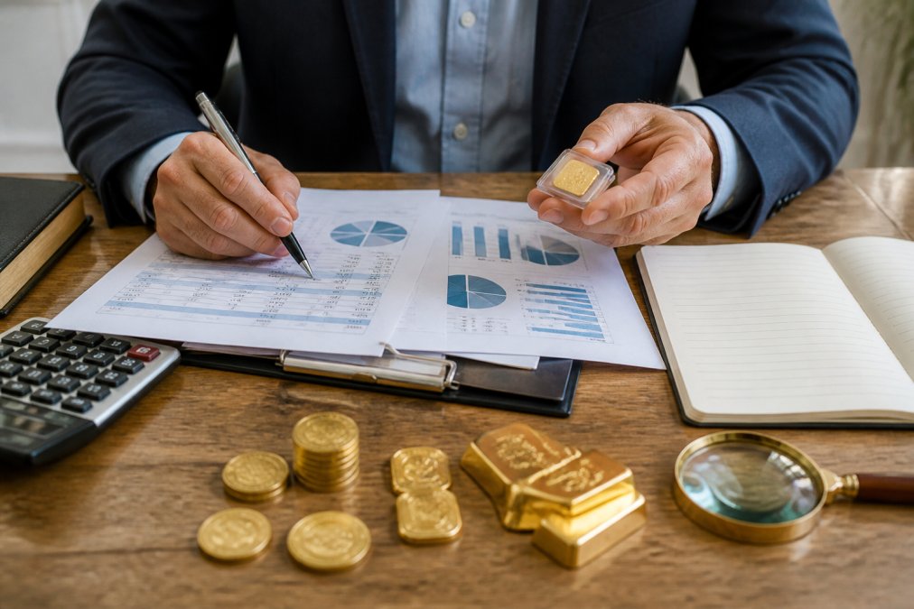 Investor reviewing financial documents and precious metals samples at a desk with calculator and notepad