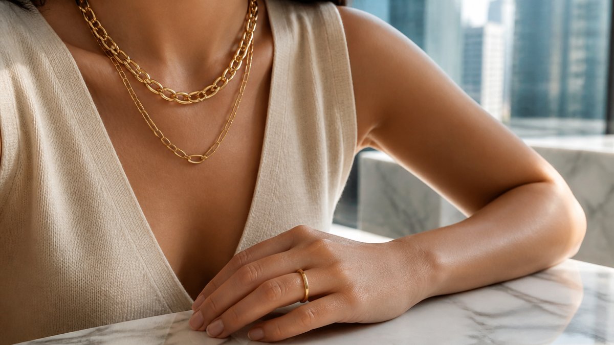 A close-up of a woman's hand wearing layered bold gold necklaces and a minimalist gold ring, resting on a marble surface with soft natural light