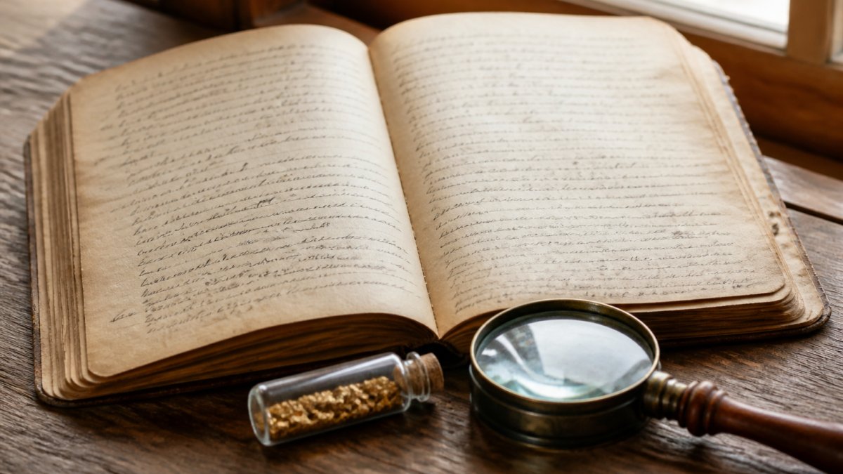 An open handwritten 19th-century prospector's journal resting on a rough wooden table beside a small glass vial of gold flakes and a magnifying glass, warm window light