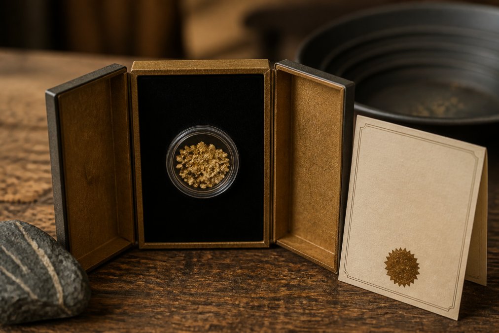 Close-up of raw placer gold flakes nestled in a handcrafted tri-fold display case with an official Certificate of Authenticity card positioned beside it, photographed under warm studio lighting on a dark wooden surface
