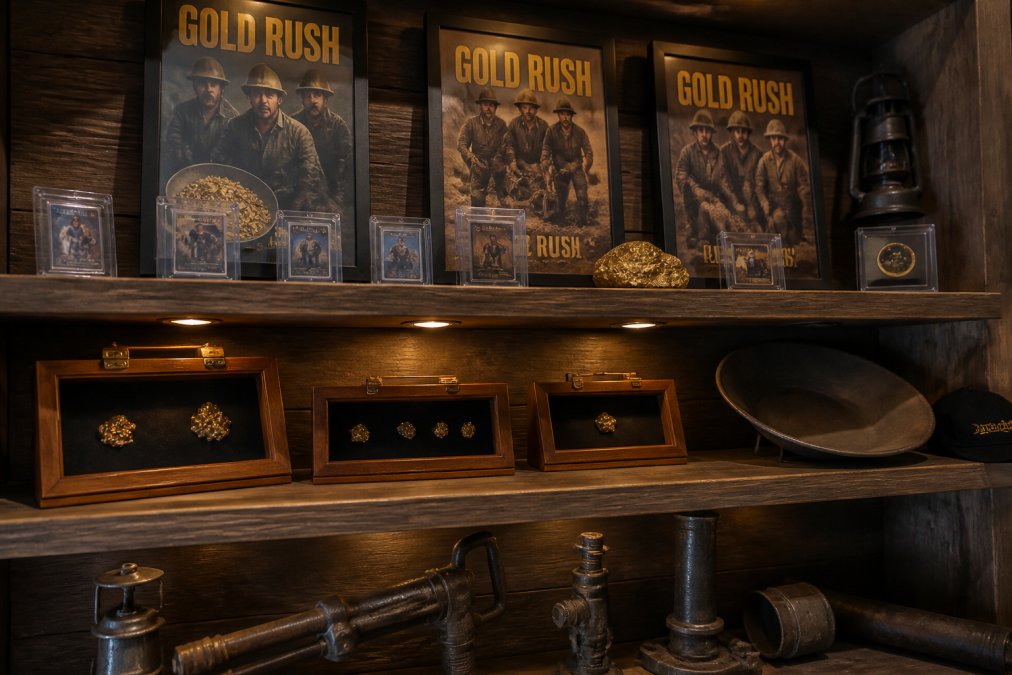 A collector's shelf displaying an organized arrangement of mining memorabilia including framed Gold Rush show posters, protective acrylic cases containing trading cards, raw gold samples in handcrafted display cases, and vintage mining equipment, photographed with warm accent lighting against a dark wood background