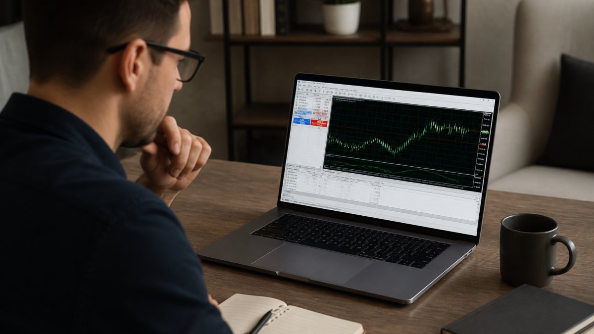 Step-by-step guide on a gold trading platform showing MetaTrader 5 chart setup on a laptop screen