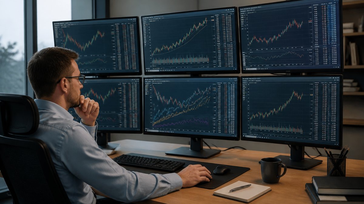 Professional trader monitoring gold market on multiple screens displaying XAU/USD charts and financial data in a modern trading office