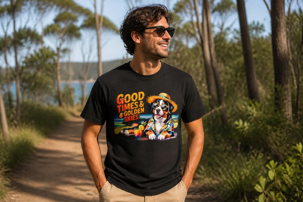 Person wearing a golden retriever-themed graphic t-shirt in warm earth tones outdoors on a sunny day, showing the vibrant design detail and comfortable fit of the apparel