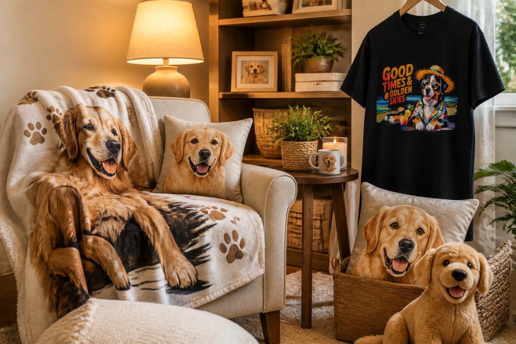 Cozy living room corner featuring a golden retriever-themed throw blanket draped over a comfortable chair, decorative pillows with dog designs, and warm lighting creating an inviting atmosphere