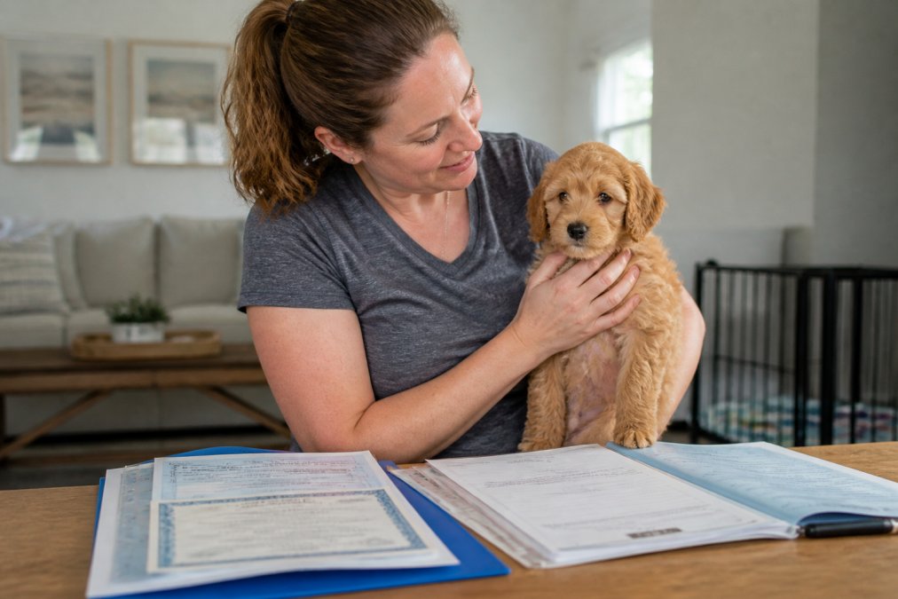 Breeder holding and examining a goldendoodle puppy in a clean, bright home environment with health certificates and vaccination records visible on a nearby table