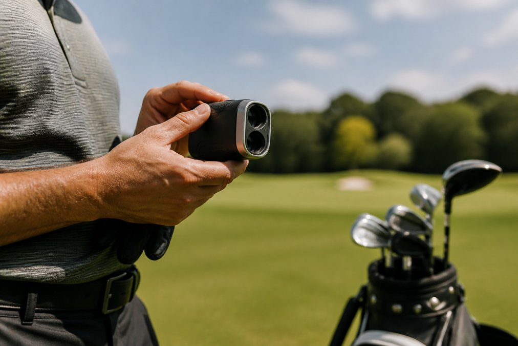 Golfer holding a sleek rangefinder on a sunny course with golf accessories 2026 visible in the background