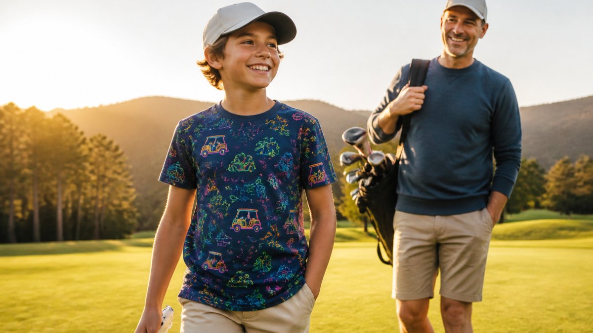 A young junior golfer in a colorful graphic t-shirt standing on a sunny golf course, holding a club, smiling, with a parent nearby